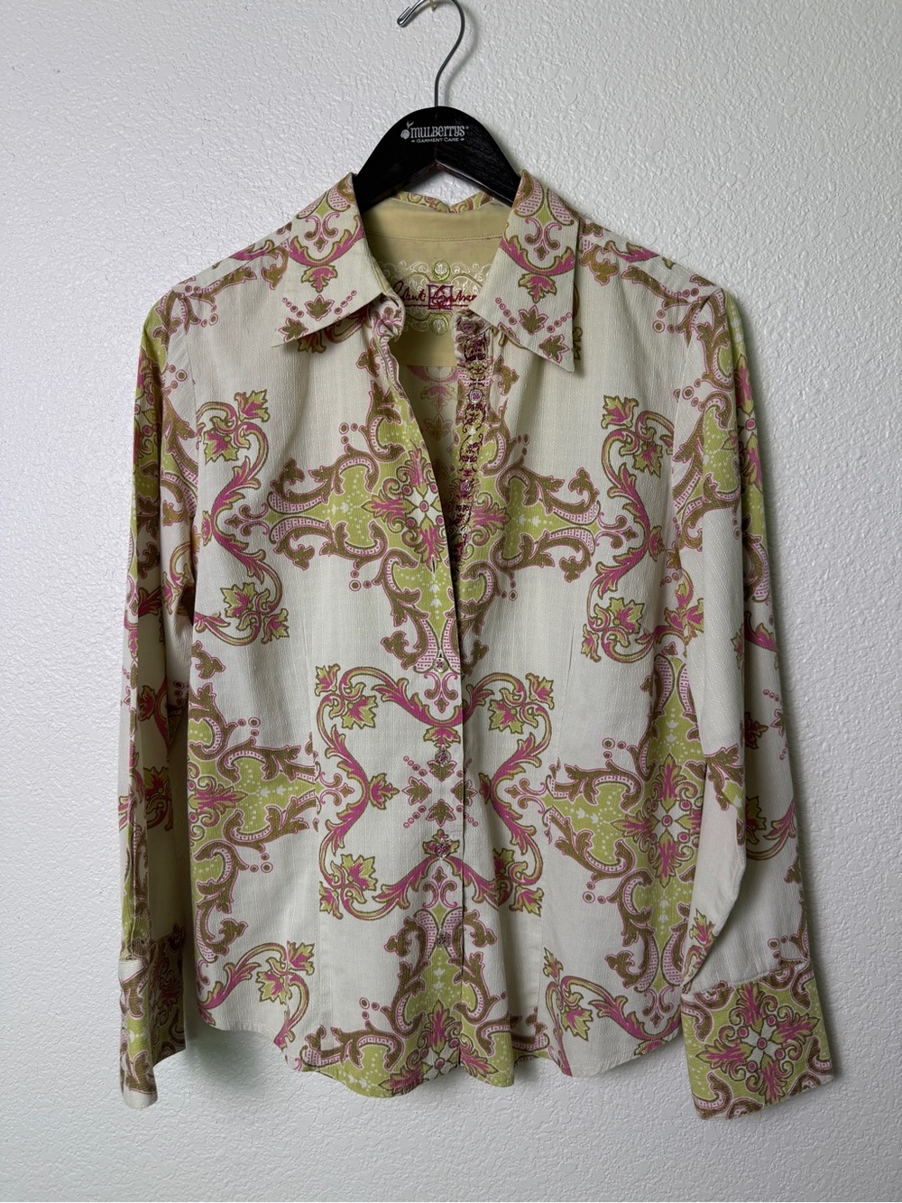 Robert Graham Beige Green Pink Paisley Collared Button-Down Blouse Size L